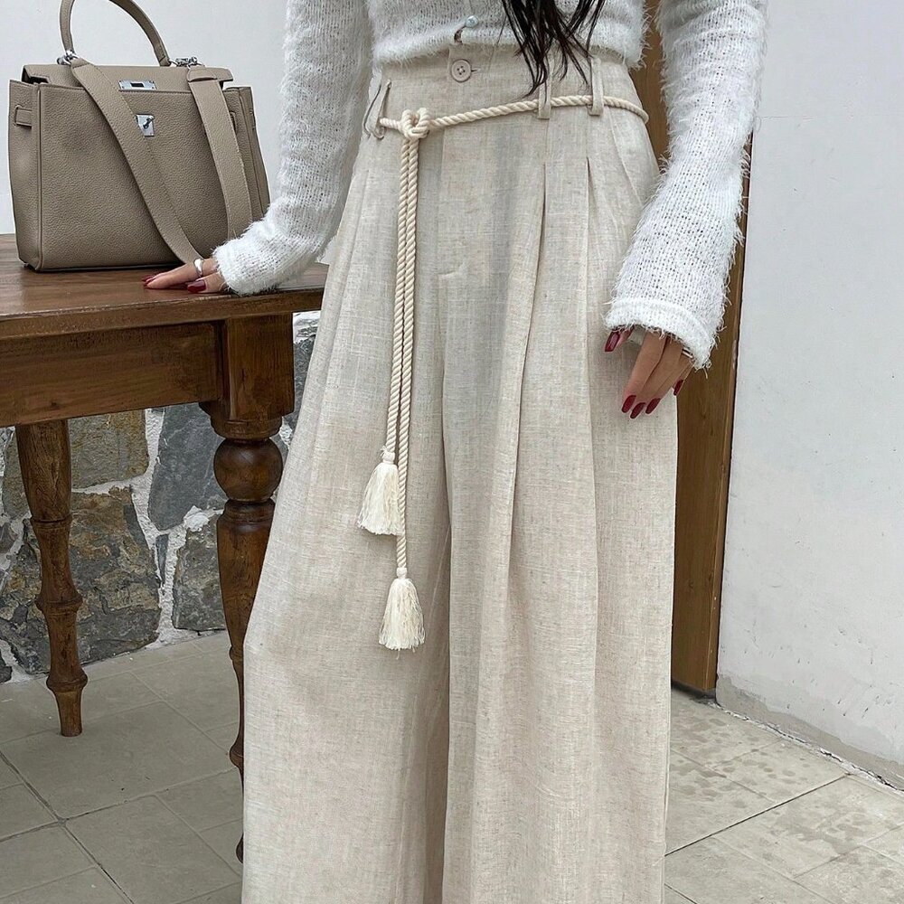 Beige Casual Women's Loose Fit Folded Pleat Wide Leg Pants - Picture 2 of 7